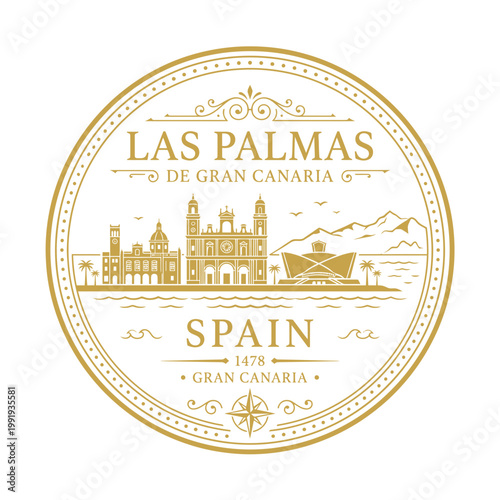 Las Palmas de Gran Canaria Spain travel emblem with skyline landmarks vector illustration