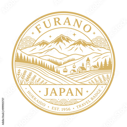 Vintage Furano Japan Hokkaido travel badge with mountain landscape vector illustration