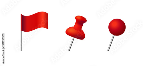 Red flag push pin and round pin icon trio glossy red.