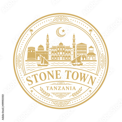 Vintage gold Stone Town Tanzania travel badge with cityscape and dhow boats vector