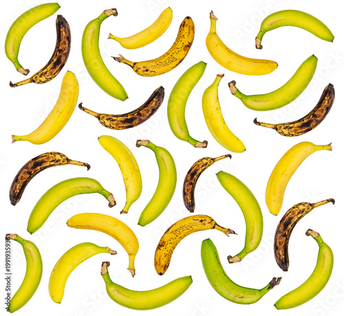 Obraz na płótnie Banana Ripeness Cycle, A colorful display of bananas showing their ripening stag