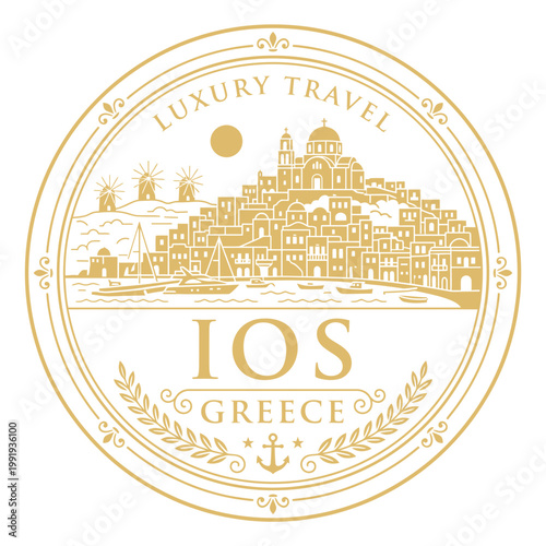 Elegant gold Ios Greece luxury travel emblem with Cycladic village vector illustration