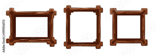 Wooden square frames cartoon style brown wood on white.