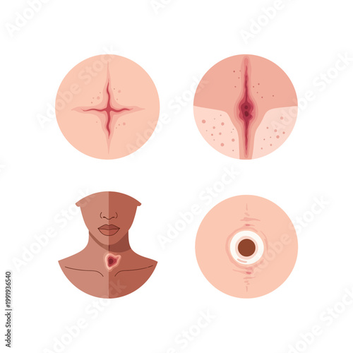 Illustrations depicting various skin conditions and injuries, including wounds, lesions, and dermatological issues.