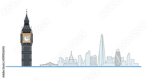 London cityscape, Big Ben, urban skyline, vector illustration, gray and orange