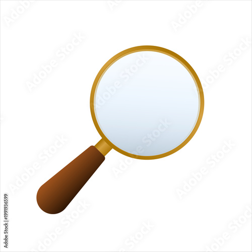 Magnifying glass flat illustration with gold rim brown handle.