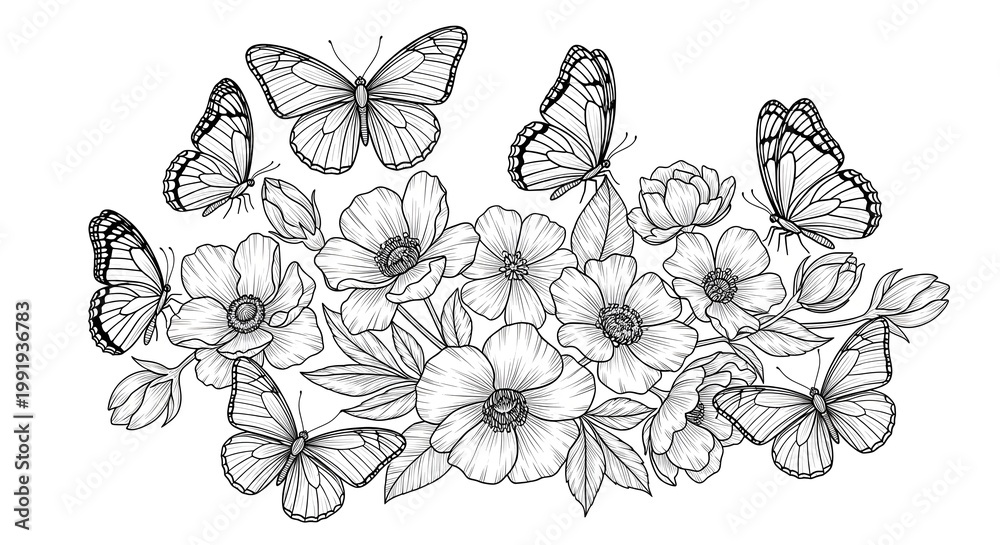 Fototapeta premium Intricate butterfly floral vector coloring page for adults kids book