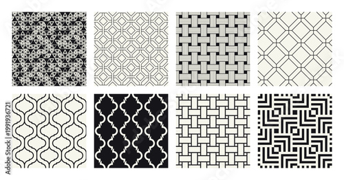 Vector seamless patterns set. Versatile essential ornaments. Geometric backgrounds with thin linear and bold designs. Regular monochrome swatches. Basic versatile tileable grids.