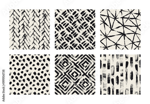 Vector seamless pattern set. Abstract background with brush strokes. Monochrome, hand-drawn print. Artistic tileable strokes. Collection of creative swatches. Modern surface design.