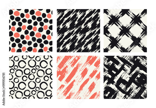 Vector seamless pattern set. Abstract background with brush strokes. Monochrome, hand-drawn print. Artistic tileable strokes. Collection of creative swatches. Modern surface design.