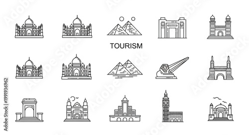 Collection of famous world landmarks and monuments in a line art style.