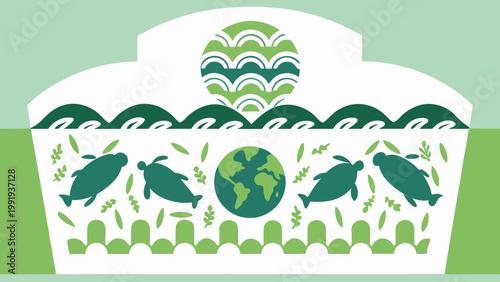 Earth protection flat vector illustration showing marine life globe and plants in green tones for environmental conservation