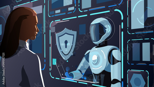 Woman interacts with robot on secure interface with shield and key icon in futuristic tech environment