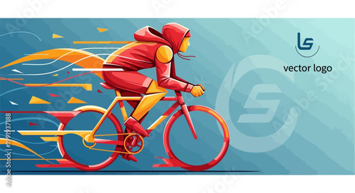 Dynamic illustration of a person in a red hoodie speeding on a bicycle with motion blur effects and vibrant colors.