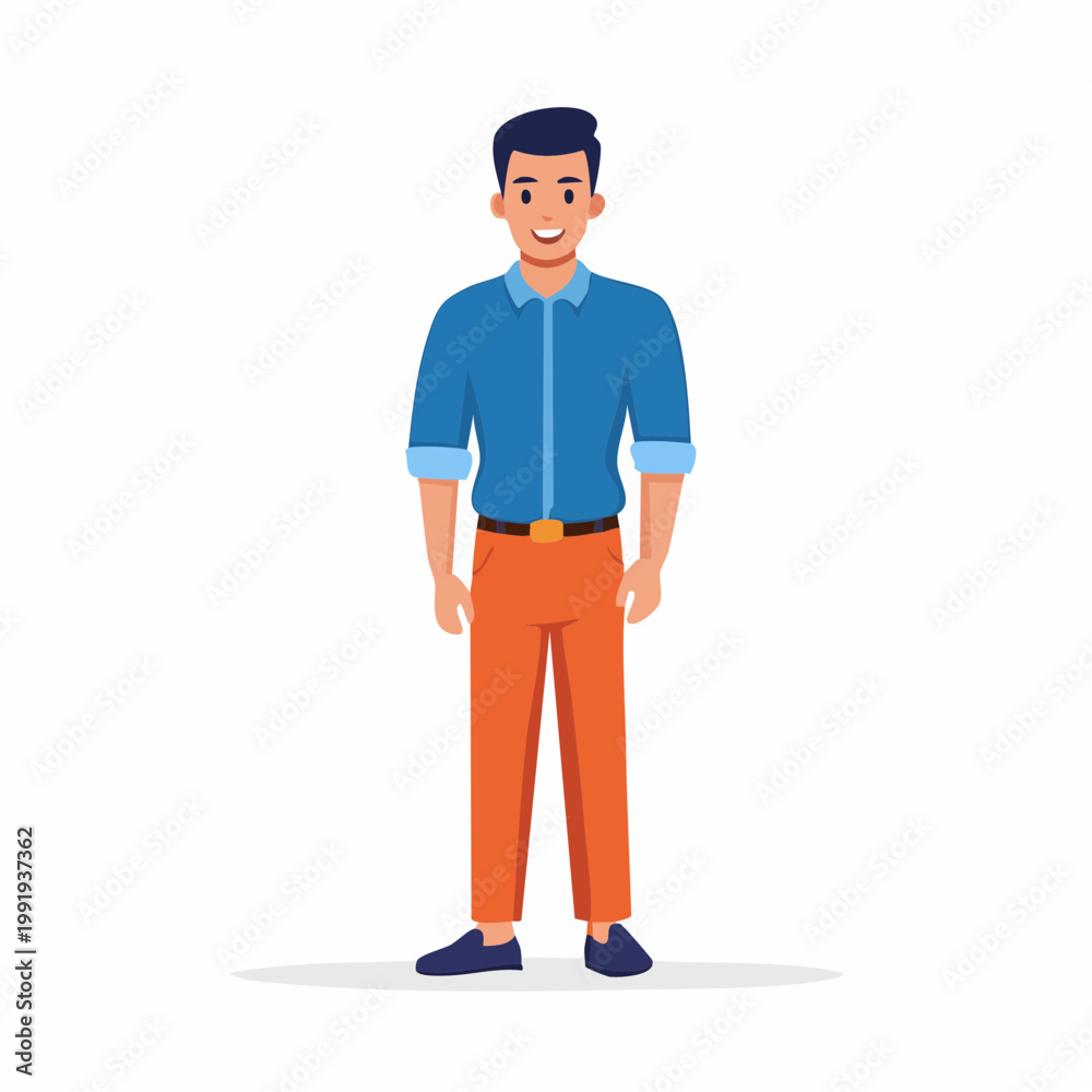 Fototapeta premium Smiling Man in Blue Shirt and Orange Pants, Cartoon Style