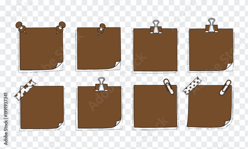 Hand Drawn Brown Sticky Notes Set with Pushpins, Clips Washi Tape - Doodle Memo Collection