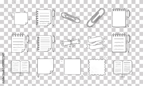 Hand Drawn Stationery Doodles Vector Set. Office School Supplies Line Art Icons. Notebooks, Pens, Sticky Notes, Paper Clips, Book, Scroll.
