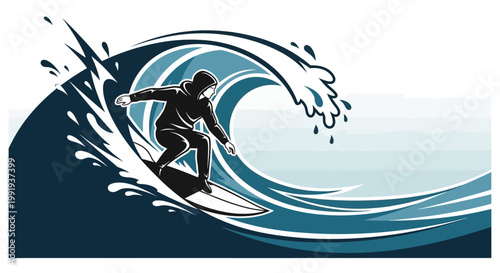 A stylized graphic illustration of a surfer riding a large, powerful ocean wave, showcasing the dynamic action of watersports.