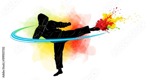 Silhouette of a person performing a dynamic martial arts kick with colorful paint splashes and energetic blue streaks on a white background.