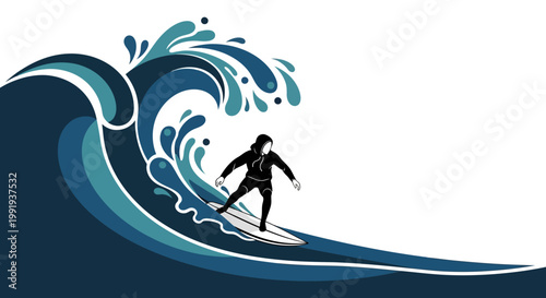 A stylized illustration of a surfer riding a large, powerful blue ocean wave, depicting the dynamic action of watersports.