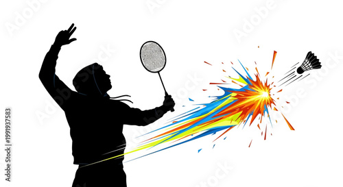 A silhouette of a person playing badminton, hitting a shuttlecock with a colorful, explosive trail against a white background.