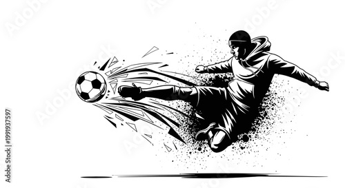 Dynamic black and white illustration of a soccer player kicking a ball with speed and power, featuring grunge and splatter effects.
