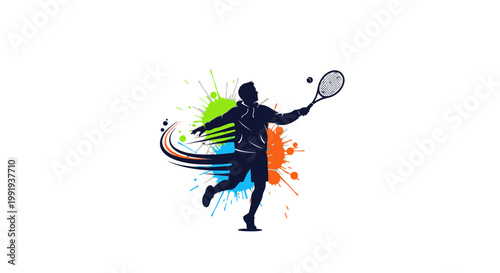 Dynamic silhouette of a tennis player in action, surrounded by vibrant paint splatters and energetic swoosh lines, on a clean white background.