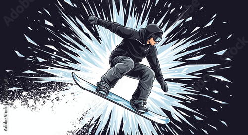 Dynamic illustration of a snowboarder performing a mid-air jump with an explosive ice shard background, showcasing extreme winter sports action.