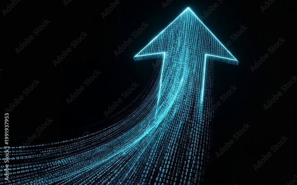 Fototapeta premium Digital arrow rises through glowing binary code symbolizing