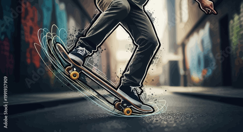 Dynamic illustration of a person skateboarding in an urban alleyway with graffiti walls, showing motion blur.