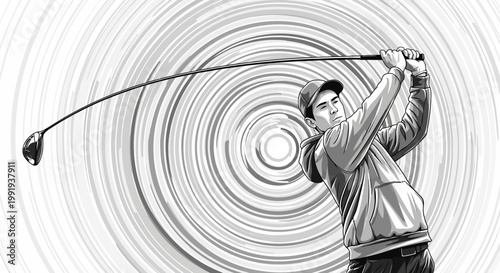 A grayscale illustration of a male golfer in mid-swing, with a dynamic swirling background emphasizing motion and power.