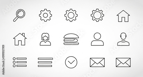 Collection of simple line art icons for user interface design.