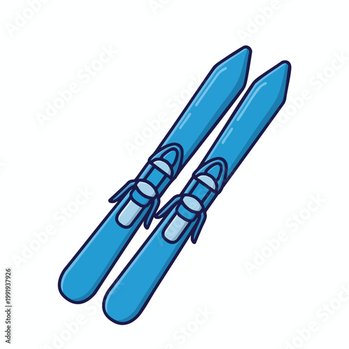 Pair of blue alpine skis with bindings isolated on white background.