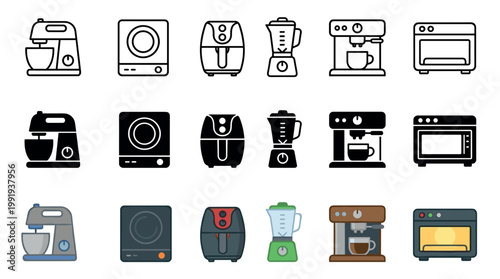 Kitchen appliances icons set featuring various modern electric devices for cooking and food preparation in different design styles.