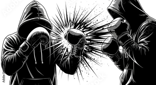 Two hooded figures in boxing gloves engaged in a dynamic fight, depicted in a striking black and white graphic style with an explosive impact effect.