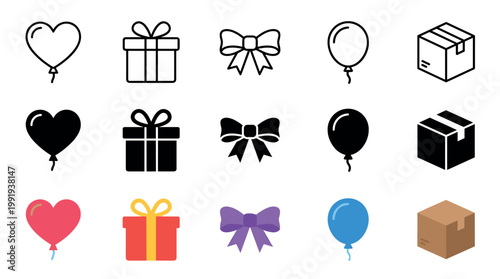 Various festive and delivery icons featuring balloons, gift boxes, bows, and packages in outline, solid, and colorful flat styles.