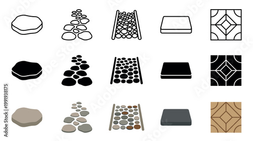 Paving stones and garden path elements are presented in various styles including outline, solid, and colored illustrations for design projects.