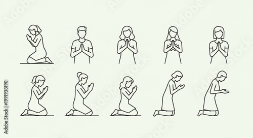 Collection of Diverse People Praying in Different Poses.