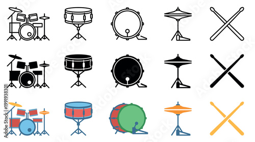 Drum instruments icons set featuring various percussion elements like full kits, snare drums, bass drums, hi-hat cymbals, and crossed drumsticks in different styles.