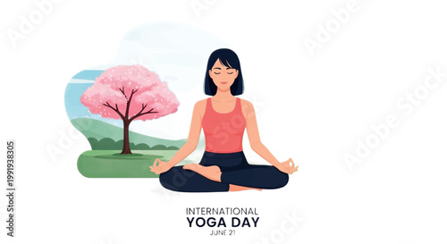 International Yoga Day, yoga, meditation, woman, vector illustration, pink tree, green landscape