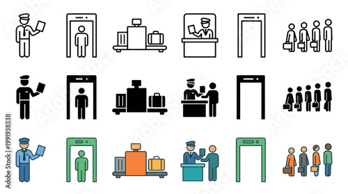 Airport security icons collection depicting various checkpoints, luggage scanning, customs officers, and passenger processing for safe travel.