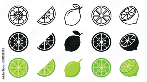 Various lime fruit illustrations in different styles and forms, including whole, sliced, and wedge shapes, presented as outlines, solid silhouettes, and vibrant green graphics.