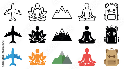 Comprehensive set of travel and adventure icons featuring airplanes, majestic mountains, serene meditation figures, and practical backpacks.