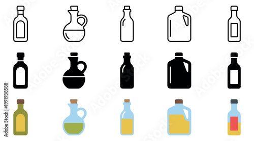 Oil bottles and jugs icon set featuring various shapes and styles for cooking ingredients and kitchen condiments, presented in a clean, modern graphic design.
