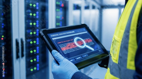 Man technician holding digital tablet with forensic data analysis dashboard in server room. Cyber security specialist checking server infrastructure. Network maintenance and digital safety concept.
