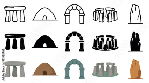 Ancient stone structures and prehistoric cave icons presented in various styles including outline, silhouette, and flat design for historical and archaeological themes.