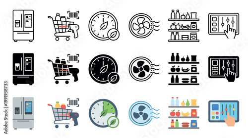 Smart home technology icons for modern living depicting various aspects of intelligent food management, energy efficiency, and automated household control systems.