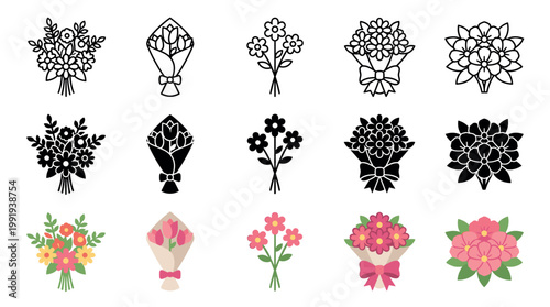 Flower bouquets and floral arrangements icon set showcasing various styles in outline, solid, and colorful flat designs for spring and celebration themes.