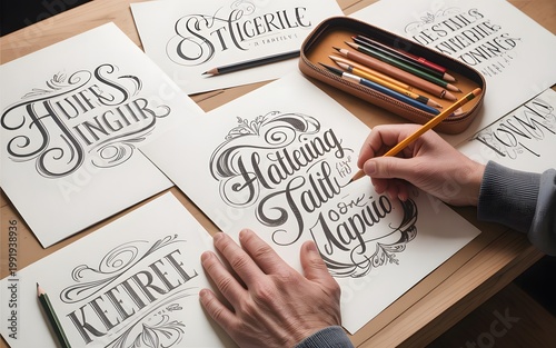 Skilled calligrapher's hands meticulously creating intricate custom lettering designs on white paper, surrounded by various typography sketches and colored pencils on a wooden desk.