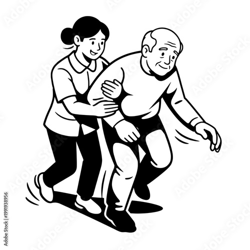 Caregiver Assisting Elderly Man Walking Vector Illustration, Senior Support Healthcare Aid Line Art Design